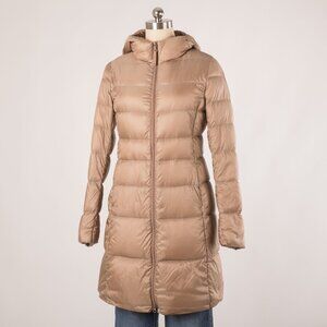 Uniqlo Ultra Light Down Hooded Long Puffer Coat Size XS Tan